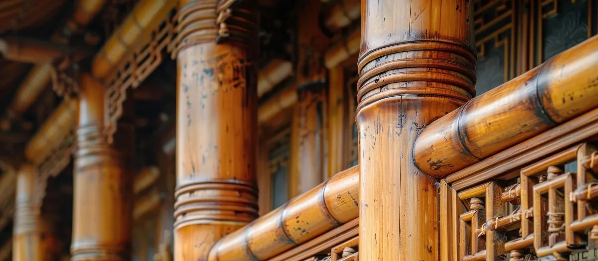 Outdoor part of traditional building with ornamental bamboo screening panels.