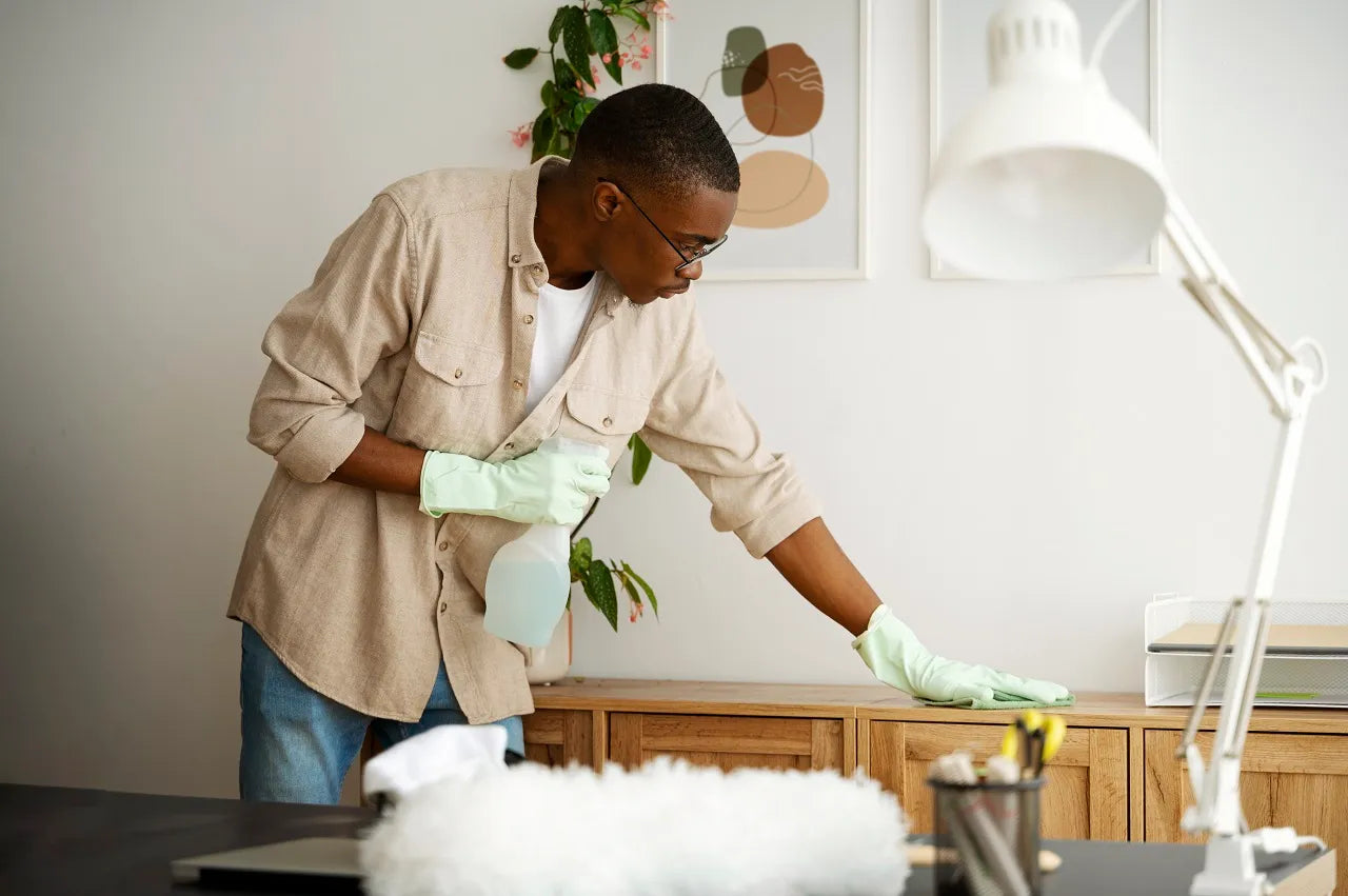 A man is polishing a plywood cabinet