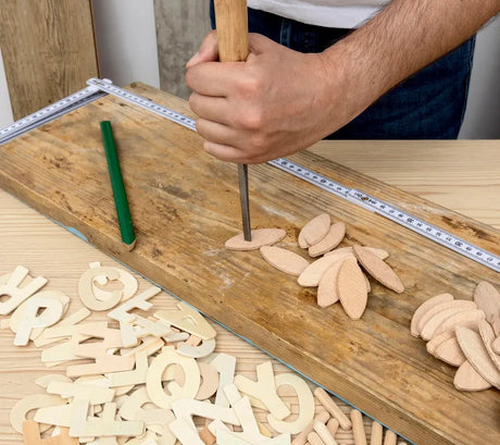 Decorative plywood letters on the table.