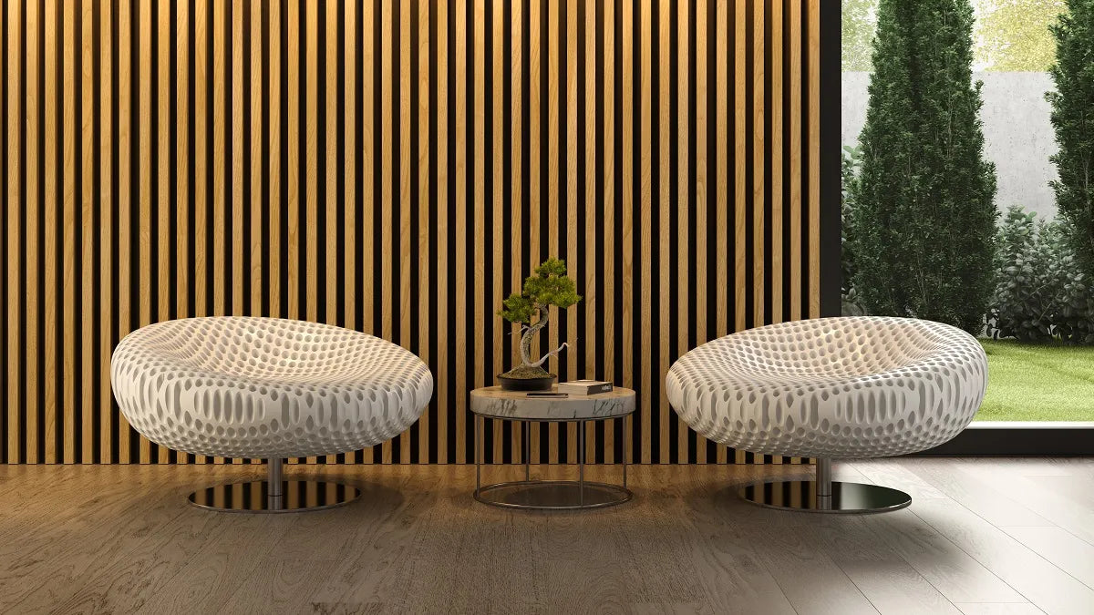 Timber Cladding Interior with two designer armchairs