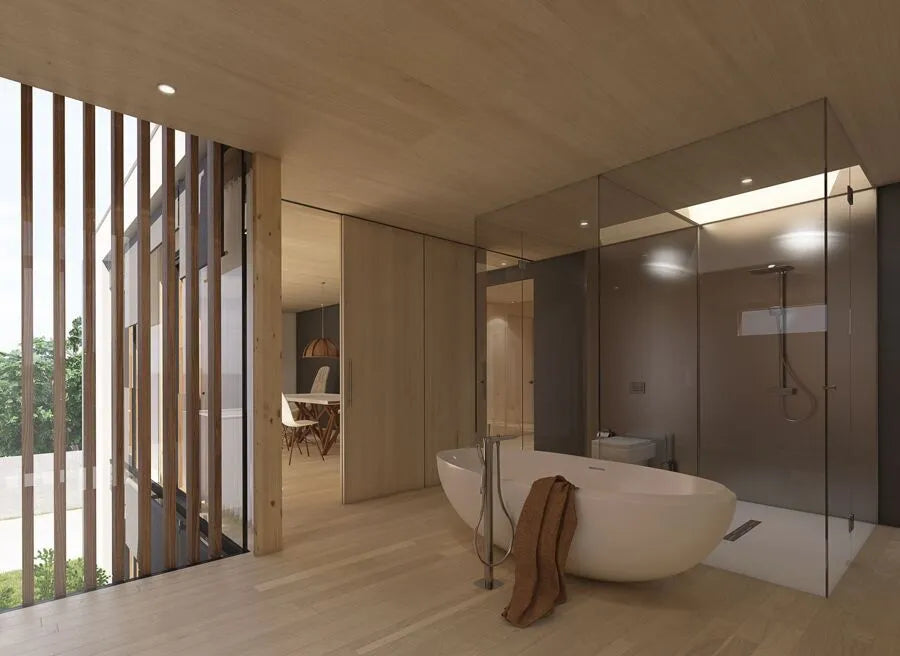 Modern bathroom interior with Blue Gum Lightweight Plywood A/C UV Coated ceiling and walls - Ply Online