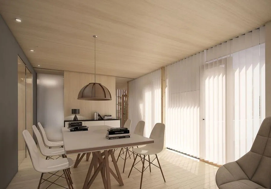 A room interior with Blue Gum plywood ceiling and white table set 