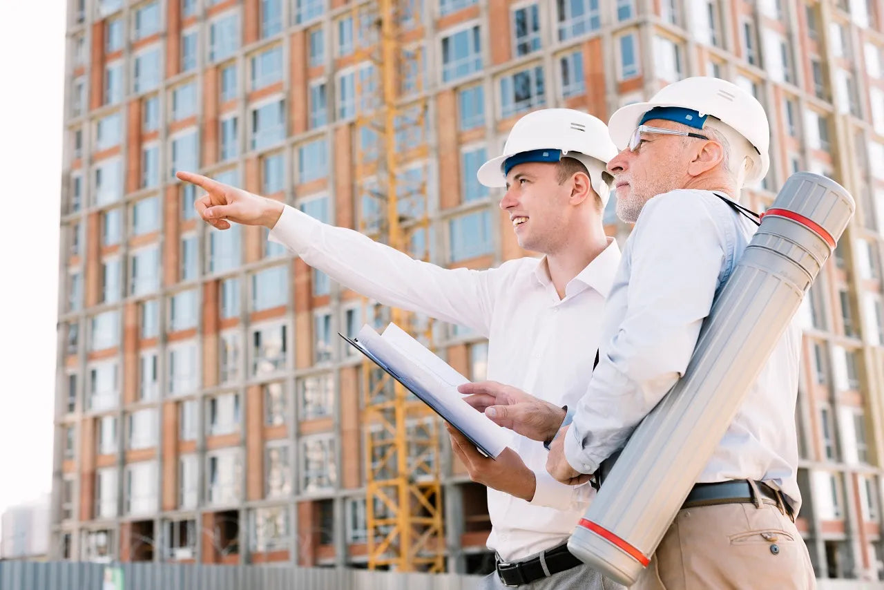 Two men with a construction industry tenders documents in front of the construction site.